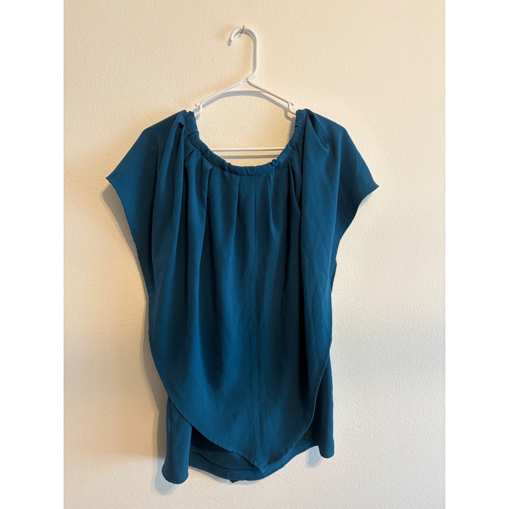 Kazo Teal Blue Draped Pleated Scoop Neck Blouse Top XS